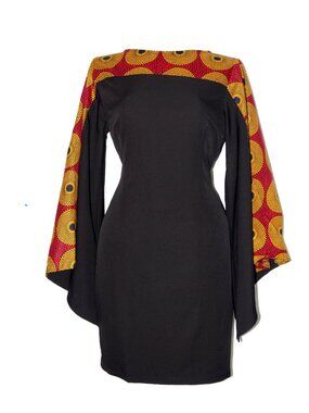 Hongyu Amy African Print Ankara Mixed  Bodycon Dress Bell Sleeve Midi dress Sz L